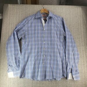 Thomas Pink Shirt Mens 16 Large Blue White Plaid The Twin Collection Dress